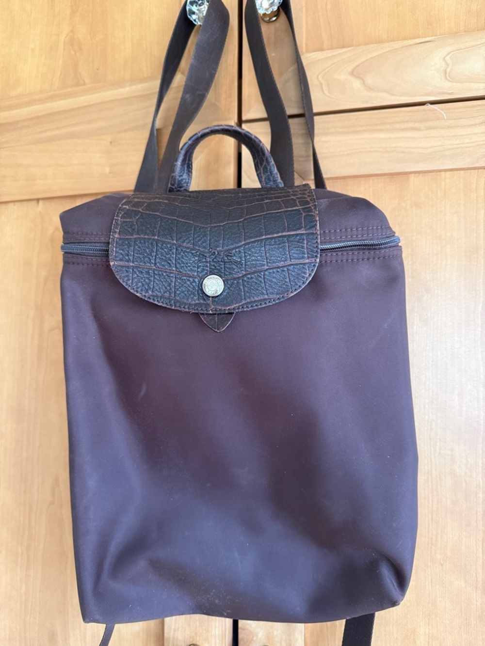 Classic Longchamp Brown Nylon Backpack with Croc-Texture Flap